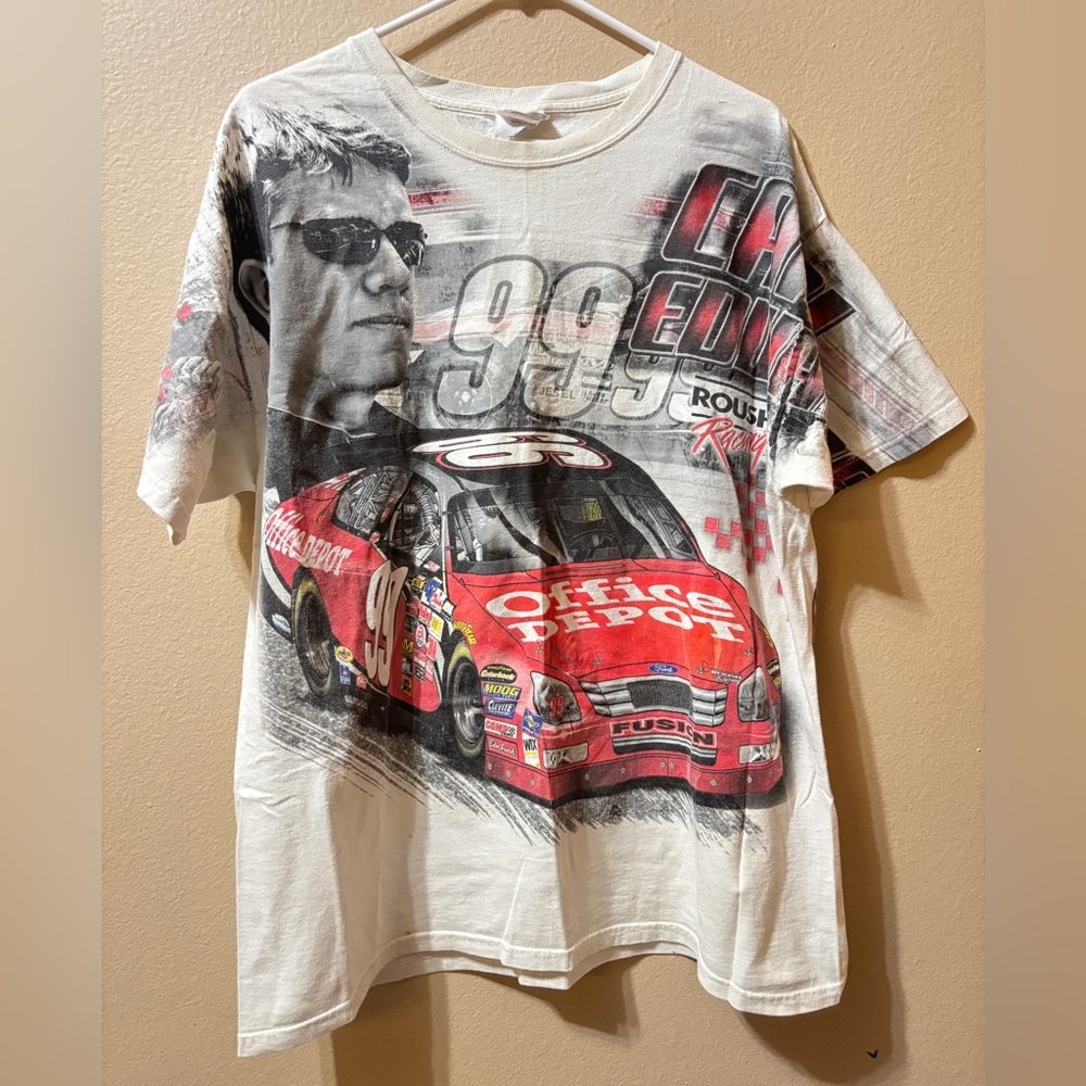 Vintage Carl Edwards Office Depot All Over Print NASCAR T-Shirt Large AOP Y2K